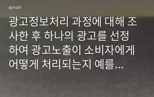 광고정보처리 과정에 대해 조사한 후 하나의 광고를 선정하여 광고노출이 소비자에게 어떻게 처리되는지 예를 들어 설명