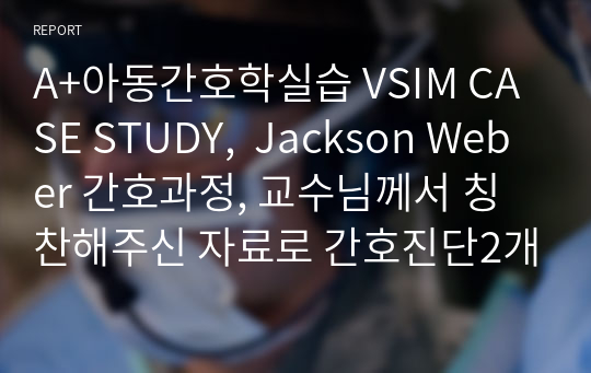 A+아동간호학실습 VSIM CASE STUDY,  Jackson Weber 간호과정, 교수님께서 칭찬해주신 자료로 간호진단2개 계획 수행 근거 장단기 목표까지 다 있습니다.