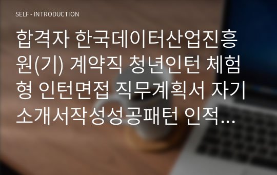 합격자 한국데이터산업진흥원(기) 계약직 청년인턴 체험형 인턴면접 직무계획서 자기소개서작성성공패턴 인적성검사 자소서입력항목분석 지원동기작성요령