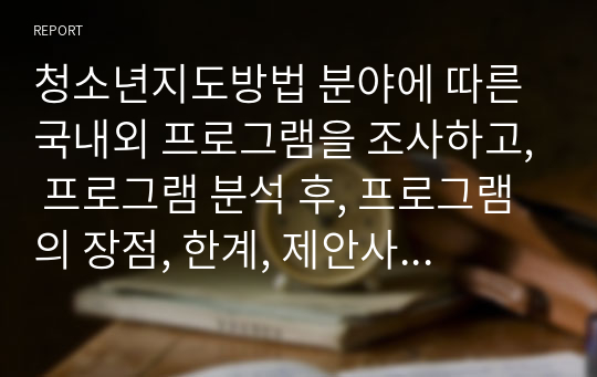 청소년지도방법 분야에 따른 국내외 프로그램을 조사하고, 프로그램 분석 후, 프로그램의 장점, 한계, 제안사항 등을 정리하여 제출하도록 한다.