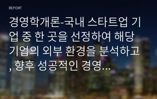 경영학개론-국내 스타트업 기업 중 한 곳을 선정하여 해당 기업의 외부 환경을 분석하고, 향후 성공적인 경영을 하기 위한 개선방안을 제시하시오.