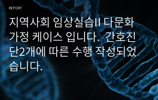 지역사회 임상실습II 다문화가정 케이스 입니다.  간호진단2개에 따른 수행 작성되었습니다.