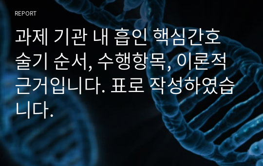 과제 기관 내 흡인 핵심간호술기 순서, 수행항목, 이론적 근거입니다. 표로 작성하였습니다.