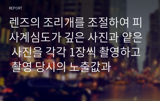 렌즈의 조리개를 조절하여 피사계심도가 깊은 사진과 얕은 사진을 각각 1장씩 촬영하고 촬영 당시의 노출값과