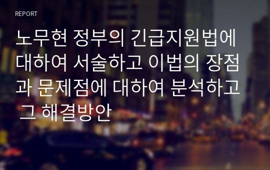 노무현 정부의 긴급지원법에 대하여 서술하고 이법의 장점과 문제점에 대하여 분석하고 그 해결방안