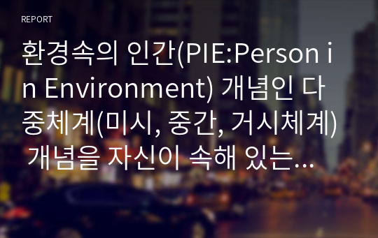 환경속의 인간(PIE:Person in Environment) 개념인 다중체계(미시, 중간, 거시체계) 개념을 자신이 속해 있는 체계들을 분석하여 자신과 환경의 상호작용이 현재 자신에게 어떠한 영향을 주고 있는지 분석하시오