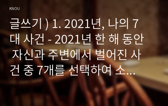 글쓰기 ) 1. 2021년, 나의 7대 사건 - 2021년 한 해 동안 자신과 주변에서 벌어진 사건 중 7개를 선택하여 소개하는 글을 쓰시오.