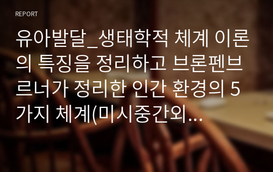 유아발달_생태학적 체계 이론의 특징을 정리하고 브론펜브르너가 정리한 인간 환경의 5가지 체계(미시중간외거시시간)를 학습자 자신을 주인공으로 선정하여, 현재 상황에서 구체적으로 설명하고 분석