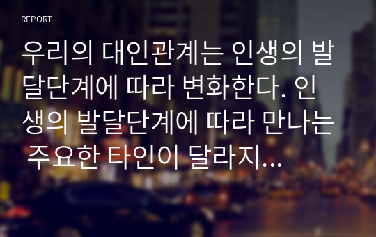 우리의 대인관계는 인생의 발달단계에 따라 변화한다. 인생의 발달단계에 따라 만나는 주요한 타인이 달라지고, 경험하게 되는 대인관계의 양상도 달라진다. 친구 간의 대인관계(6주차) 또는 이성 간의 대인관계(7주차) 중에서 하나를 선택하여, 자신의 연령층(20대, 30대, 40대, 50대 이상)에 해당되는 친구관계(또는 이성관계)의 심화 요인과 결별 요인은 무