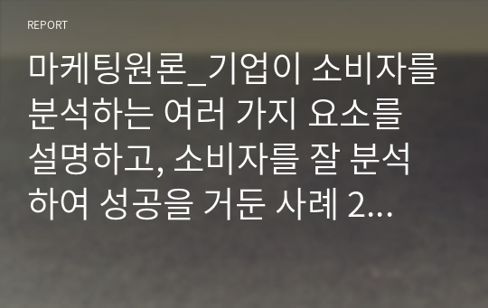 마케팅원론_기업이 소비자를 분석하는 여러 가지 요소를 설명하고, 소비자를 잘 분석하여 성공을 거둔 사례 2가지를 작성하시오