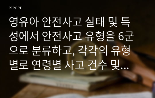 영유아 안전사고 실태 및 특성에서 안전사고 유형을 6군으로 분류하고, 각각의 유형별로 연령별 사고 건수 및 특성을 살펴보았습니다. 그 중1군(넘어짐, 떨어짐, 미끄러짐)사고가 전체 사고유형 중 35.4퍼센트를 차지해 가장 많은 사고가 발생됨을 알 수 있었습니다. 넘어짐, 떨어짐, 미끄러짐 사고가 발생하는 각각의 원인이 무엇이고, 사고를 예방하는 방법에 대해