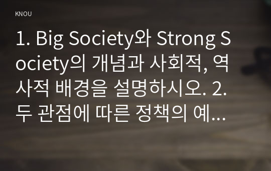 1. Big Society와 Strong Society의 개념과 사회적, 역사적 배경을 설명하시오. 2. 두 관점에 따른 정책의 예시를 제시하시오.