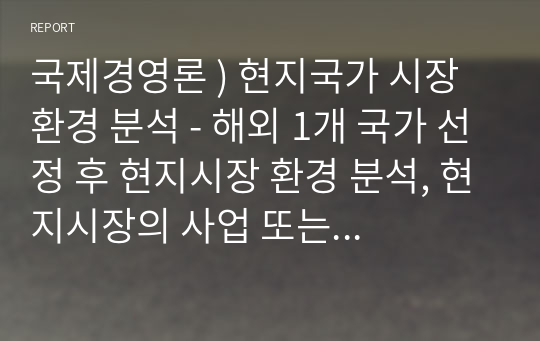 국제경영론 ) 현지국가 시장 환경 분석 - 해외 1개 국가 선정 후 현지시장 환경 분석, 현지시장의 사업 또는 투자 환경 분석, 한국기업들에게 줄 수 있는 시사점 도출