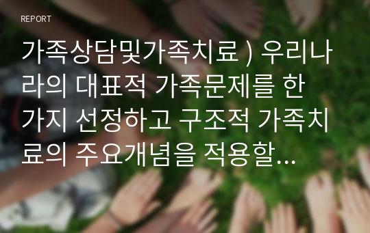 가족상담및가족치료 ) 우리나라의 대표적 가족문제를 한 가지 선정 구조적 가족치료의 주요개념을 적용할 때 이러한 문제는 어떻게 사정