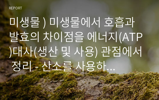 미생물 ) 미생물에서 호흡과 발효의 차이점을 에너지(ATP)대사(생산 및 사용) 관점에서 정리 - 산소를 사용하는 호흡과 다양한 발효과정(예, 알코올발효, 초산발효, 등)에 대한 비교