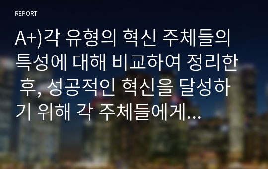 A+)각 유형의 혁신 주체들의 특성에 대해 비교하여 정리한 후, 성공적인 혁신을 달성하기 위해 각 주체들에게 필요한 역량, 조건, 환경 등에 대해 개인 의견을 제시하시오.