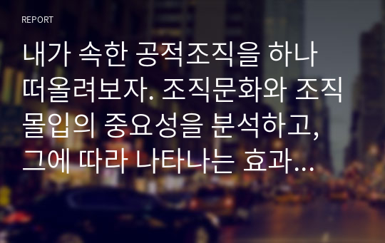 내가 속한 공적조직을 하나 떠올려보자. 조직문화와 조직몰입의 중요성을 분석하고, 그에 따라 나타나는 효과적, 효율적 결과들을 예측해 보자.