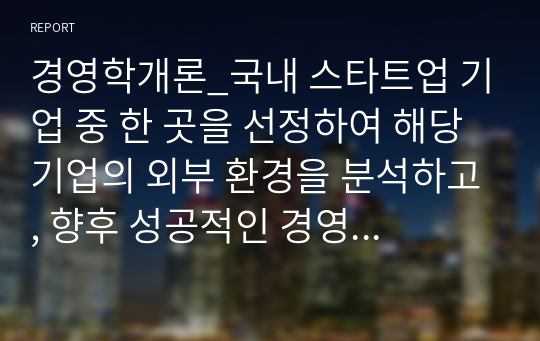 경영학개론_국내 스타트업 기업 중 한 곳을 선정하여 해당 기업의 외부 환경을 분석하고, 향후 성공적인 경영을 하기 위한 개선방안을 제시하시오.