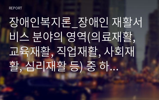 장애인복지론_장애인 재활서비스 분야의 영역(의료재활, 교육재활, 직업재활, 사회재활, 심리재활 등) 중 하나를 선택하여 보고서 작성할 것