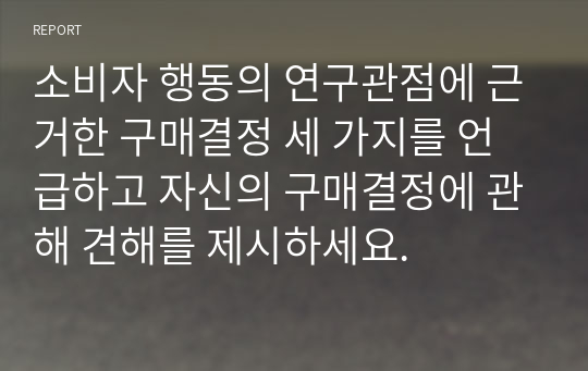 소비자 행동의 연구관점에 근거한 구매결정 세 가지를 언급하고 자신의 구매결정에 관해 견해를 제시하세요.