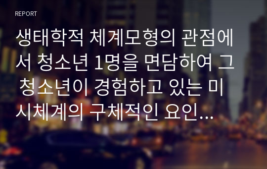 생태학적 체계모형의 관점에서 청소년 1명을 면담하여 그 청소년이 경험하고 있는 미시체계의 구체적인 요인들의 특성을 기술한 후 이 요인들이 청소년에게 미치는 영향을 분석하여 설명