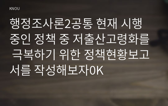 행정조사론2공통 현재 시행 중인 정책 중 저출산고령화를 극복하기 위한 정책현황보고서를 작성해보자0K