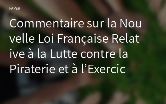 Commentaire sur la Nouvelle Loi Française Relative à la Lutte contre la Piraterie et à l’Exercice des Pouvoirs de Police de l’État en Mer