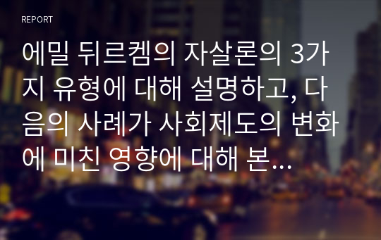 에밀 뒤르켐의 자살론의 3가지 유형에 대해 설명하고, 다음의 사례가 사회제도의 변화에 미친 영향에 대해 본인의 생각을 쓰시오.