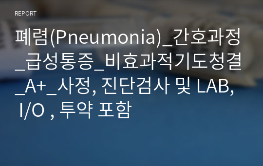 폐렴(Pneumonia)_간호과정_급성통증_비효과적기도청결_A+_사정, 진단검사 및 LAB, I/O , 투약 포함