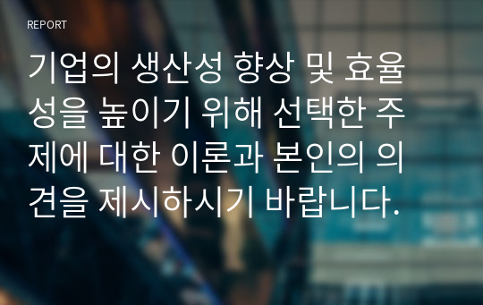 기업의 생산성 향상 및 효율성을 높이기 위해 선택한 주제에 대한 이론과 본인의 의견을 제시하시기 바랍니다.