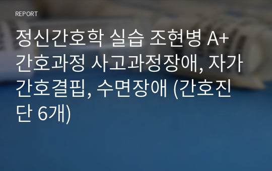 정신간호학 실습 조현병 A+ 간호과정 사고과정장애, 자가간호결핍, 수면장애 (간호진단 6개)