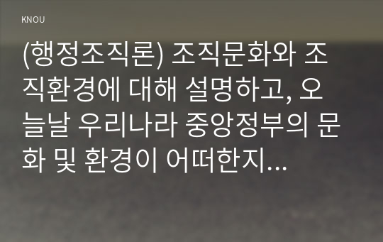 (행정조직론) 조직문화와 조직환경에 대해 설명하고, 오늘날 우리나라 중앙정부의 문화 및 환경이 어떠한지 체계적으로 기술