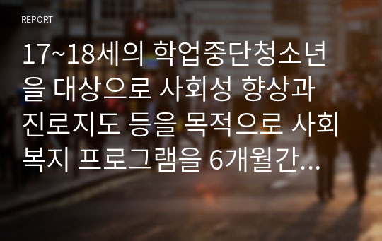 17~18세의 학업중단청소년을 대상으로 사회성 향상과 진로지도 등을 목적으로 사회복지 프로그램을 6개월간 실시하였다.