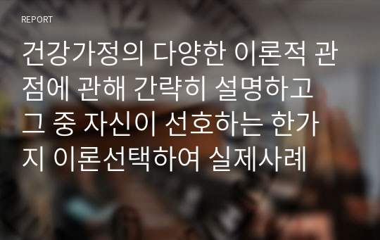 건강가정의 다양한 이론적 관점에 관해 간략히 설명하고 그 중 자신이 선호하는 한가지 이론선택하여 실제사례