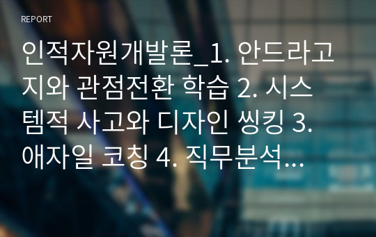 인적자원개발론_1. 안드라고지와 관점전환 학습 2. 시스템적 사고와 디자인 씽킹 3. 애자일 코칭 4. 직무분석과 역량모델링 5. 지방소멸 6. 위인이론과 HRD리더십연구 7. SWOT분석과 BCG매트릭스 8. 조직 문화 유형 진단 도구_경쟁하는 가치 모형 9. 앙드레 고르의 3가지 노동분류 10. 디지털 디바이드의 3가지 층위