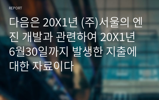 다음은 20X1년 (주)서울의 엔진 개발과 관련하여 20X1년 6월30일까지 발생한 지출에 대한 자료이다