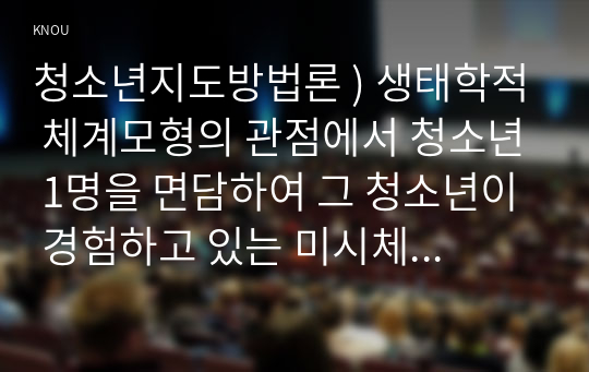 청소년지도방법론 ) 생태학적 체계모형 관점에서 청소년 1명 면담 그 청소년이 경험하고 있는 미시체계 구체적인 요인들의 특성 기술한 후 이 요인들이 청소년에게 미치는 영향을 분석하여 설