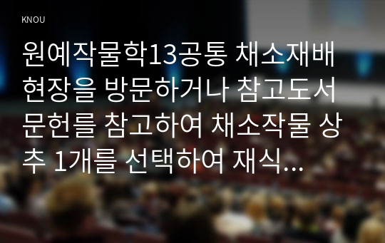 원예작물학13공통 채소재배 현장을 방문하거나 참고도서문헌를 참고하여 채소작물 상추 1개를 선택하여 재식간격 육묘소요일수 품종재배기술을 작성하라00