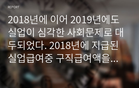 2018년에 이어 2019년에도 실업이 심각한 사회문제로 대두되었다. 2018년에 지급된 실업급여중 구직급여액을 조사하여 이에 대한 법적 근거를 찾아 제시하고 현실적인 문제점과 해결방안을 기술하시기 바랍니다.