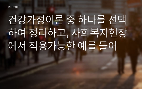 건강가정이론 중 하나를 선택하여 정리하고, 사회복지현장에서 적용가능한 예를 들어