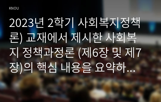 2023년 2학기 사회복지정책론) 교재에서 제시한 사회복지 정책과정론 (제6장 및 제7장)의 핵심 내용을 요약하고, 현재 우리나라에서 시행되고 있는 구체적인 사회복지정책 사례 중 하나를 선별하여 해당 사회복지정책이 어떠한 과정을 거쳐 정책의제 및 대안의 형성과 정책 결정이 이루어졌으며, 현재 어떻게 집행되고 있는지를 설명하시오