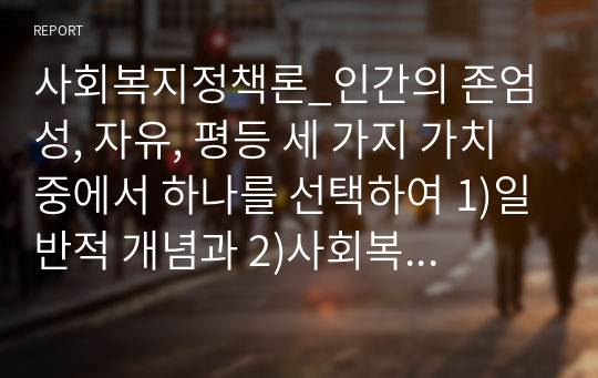 사회복지정책론_인간의 존엄성, 자유, 평등 세 가지 가치 중에서 하나를 선택하여 1)일반적 개념과 2)사회복지정책에서 가지는 의미를 설명하고, 3)이 가치가 잘 반영되었다고 생각하는 사회복지제도를 선택하여 설명해주세요