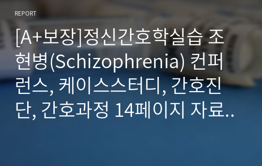 [A+보장]정신간호학실습 조현병(Schizophrenia) 컨퍼런스, 케이스스터디, 간호진단, 간호과정 14페이지 자료입니다.