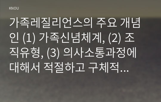 가족레질리언스의 주요 개념인 (1) 가족신념체계, (2) 조직유형, (3) 의사소통과정에 대해서 적절하고 구체적인 예시를 들어 서술하시오.