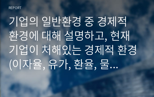 기업의 일반환경 중 경제적 환경에 대해 설명하고, 현재기업이 처해있는 경제적 환경(이자율, 유가, 환율, 물가 등)에 대해 사례와 함께 설명하시오