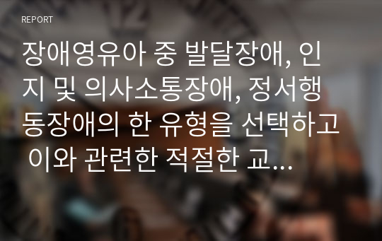 장애영유아 중 발달장애, 인지 및 의사소통장애, 정서행동장애의 한 유형을 선택하고 이와 관련한 적절한 교수방법 또는 프로그램 사례를 하나 소개하여 이를 설명하시오