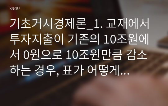 기초거시경제론_1. 교재에서 투자지출이 기존의 10조원에서 0원으로 10조원만큼 감소하는 경우, 표가 어떻게 변하는지 새로운 표를 작성하여 나타내시오. 이 때 균형 GDP와 승수는 얼마인가