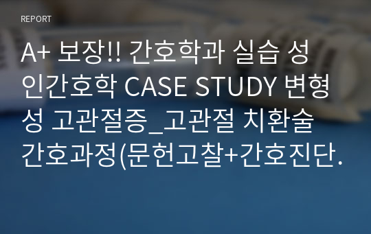 A+ 보장!! 간호학과 실습 성인간호학 CASE STUDY 변형성 고관절증_고관절 치환술 간호과정(문헌고찰+간호진단 4개 포함) !!