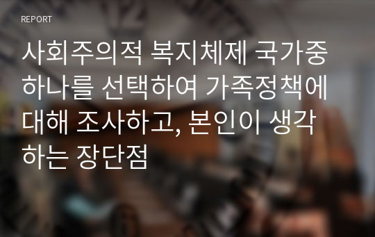 사회주의적 복지체제 국가중 하나를 선택하여 가족정책에 대해 조사하고, 본인이 생각하는 장단점