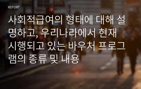 사회적급여의 형태에 대해 설명하고, 우리나라에서 현재 시행되고 있는 바우처 프로그램의 종류 및 내용